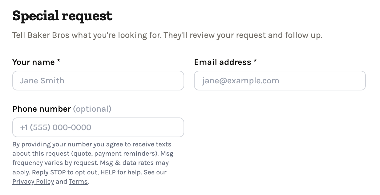 Screenshot of the Order Local custom order request form showing the optional Phone field and the SMS consent disclosure displayed directly beneath it