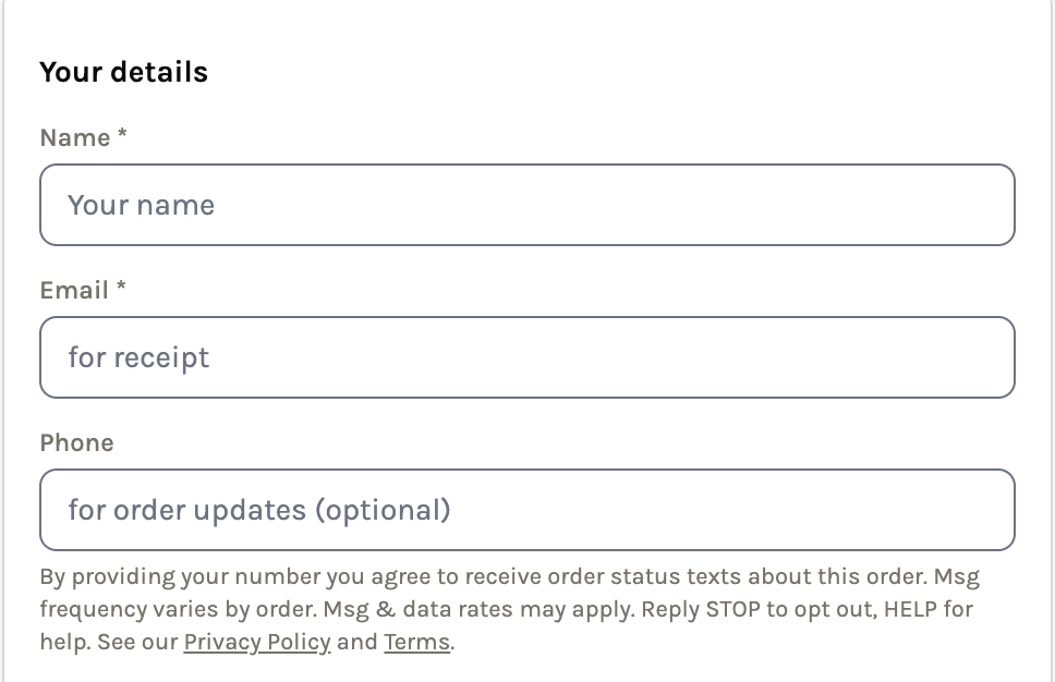 Screenshot of the Order Local storefront checkout showing the optional Phone field and the SMS consent disclosure displayed directly beneath it